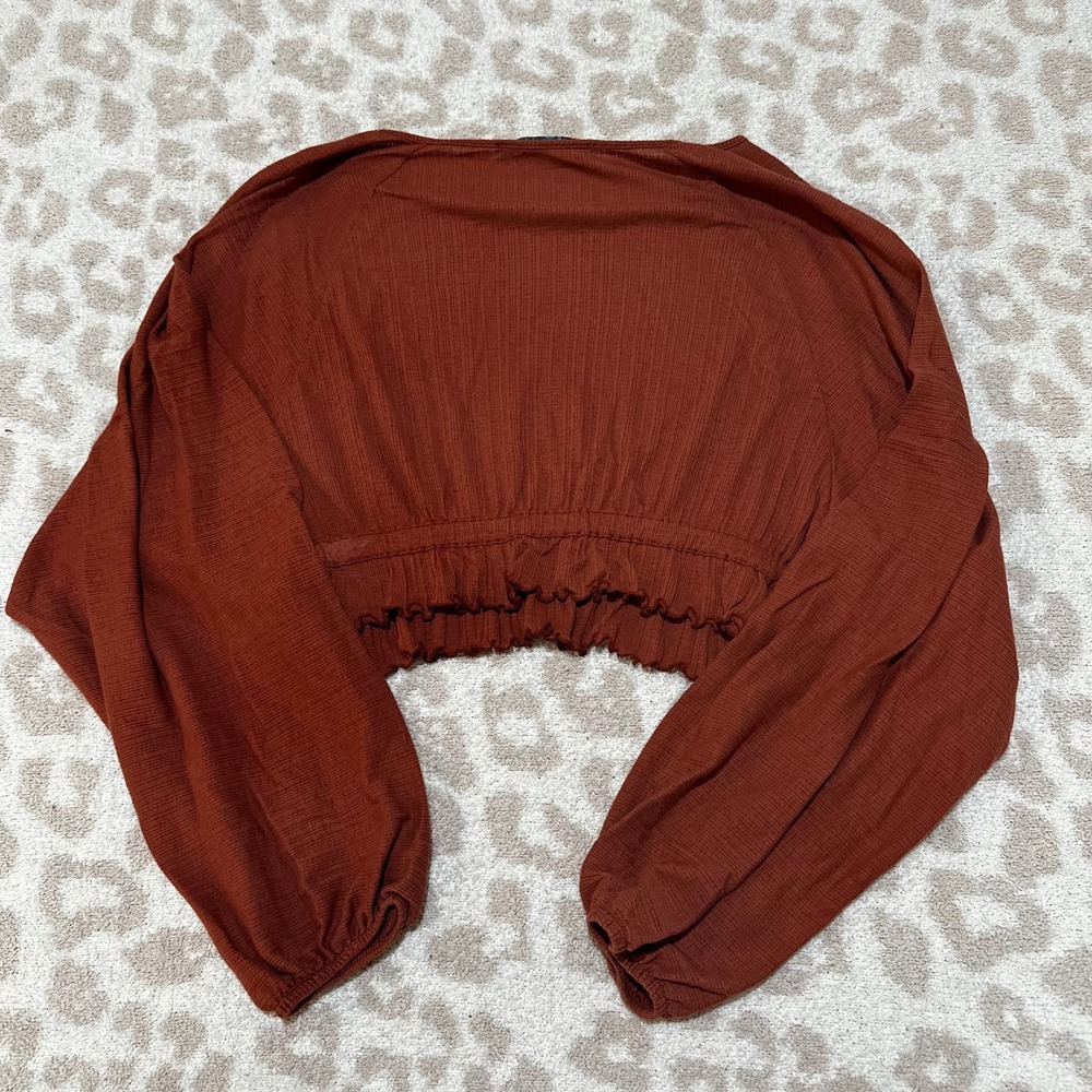 Free People FP‎ Beach Long Sleeve Top Rust Orange Ribbed Cropped Smocked Medium - Picture 3 of 3
